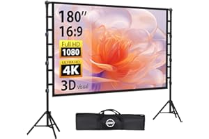Schermo per Proiettore 180” Pollici con Treppiedi, LEORFI Schermo di Proiezione Supporta 4K Full HD 16:9, Schermo Portatile Pieghevole, Altezza Regolabile, Campeggio All'aperto e Teatro Domestico