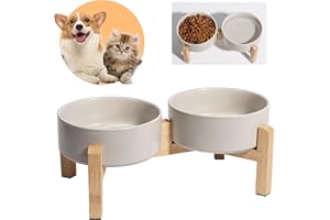 PTOBER Gamelles Surélevées pour Chat et Chien - Doubles Bols en Céramique avec Support en Bambou - Idéales pour Chats et Chiots - 2 x 480 ML
