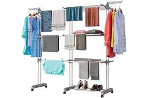 Shrivee Wäscheständer Turm, 3 Etagen mit 6 klappbaren Flügeln, Wäscheständer Ausziehbar Länge 66-130 cm, klappbarer Waschestander für Innen und Außen große Familien aus Edelstahl Bettwäsche