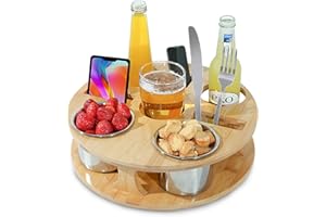 BEIERMU Runde Couchbar aus Bambus Holz, Sofa Organizer auf dem Beistelltische Couchtisch, Couchbar Snackbox Ideal für Wohnzimmer Schlafzimmer Garten Camping sowie als Geschenk