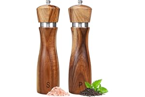 Haomacro Salt and Pepper Grinder Set of 2,8Inch Updated Wooden Pepper Mill Shaker,Modern Oak Wood Salt Mill Pepper Grinder Set Refillable with Adjustable Ceramic Rotor