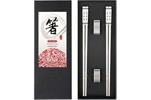 GOTDYBST 2 Paires Baguettes En Acier Inoxydable, Baguette Japonaise Livré Avec Deux Porte-Baguettes, Baguette Chinoise Réutilisable - Passe Au Lave-Vaisselle (Emballage Cadeau)