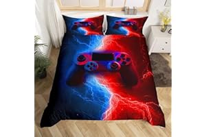 Homewish Gamer Gaming Bedding Sets Double Size,Lightnings Gamepad Duvet Cover, Video Games Comforter Cover for Kid Teens Boys and girls Man, Modern Bedroom Decor 3 Pcs Bedding Set,Red Blue