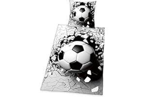 Herding Juego de Ropa de Cama con Efecto 3D, diseño de fútbol, Funda de Almohada de 70 x 90 cm, Funda nórdica de 140 x 200 cm, con Cremallera Suave, 100% algodón, Color Gris y Blanco