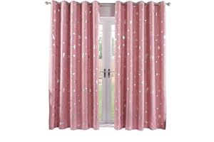 Dreamscene Blackout Stars Moon Curtains Pair of Grommet Top Panels Metallic Stars Moon for Kids Children - Blush Pink, Width 52" x Drop 96"