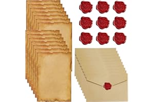 JINSION Juego de Papelería Vintage - 10 Sobres Antiguos, 16 Hojas de Papel y 10 Pegatinas de Sellos de Cera - Para Invitaciones, Bodas y Tarjetas