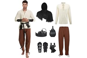 AJGEGJE Medieval Clothing Men's 7-Piece Renaissance Costume Set, Medieval Viking Costume with Pirate Shirt, Men's Long Trousers, Belt, Wrist Strap