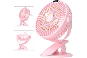 SINGLAND Mini Ventilateur de Bureau avec Clip, 5 Vitesses Portable Ventilateur de Table Silencieux Petit avec Batterie, Rotation 720° Rechargeable et Ecran LCD pour Poussette Bureau Voiture Camping Ø15cm