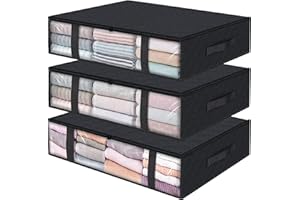 WEKIWGOT Lot de 3 Sac de Rangement Sous Lit, Sac de Rangement Sous le Lit avec Fenêtres Transparentes, Fermetures Éclair et Poignées, Idéal pour Vêtements, Couvertures et Couettes (Noir)
