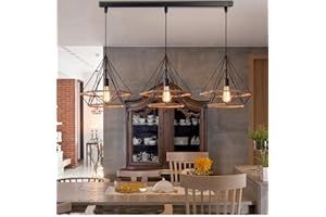 PETITES ECREVISSES Lustre Suspension Industrielle Design 3 Lampes Diamant Chanvre Corde Métal LED Luminaire Plafonnier Abat-Jour Rétro Design E27 pour cuisine salon chambre (avec une barre)