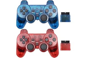 Hovlian Wireless Controller for PS2,Built-in Dual Vibration 2.4G Gamepad Joystick Compatible for Playstation 2 (2PACK, Clear Blue and Clear Red)