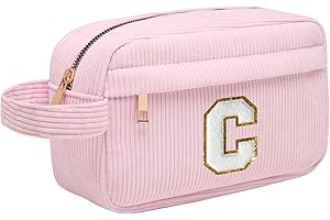 TOOZEN Neceser Maquillaje Mujer Personalizado Inicial, Bolsa de Cosméticos de Viaje, Gran Capacidad Neceser de Maquillaje de Pana, Regalo Cumpleaños Navidad para Mujeres Novias Mejores Amigas, Rosa C