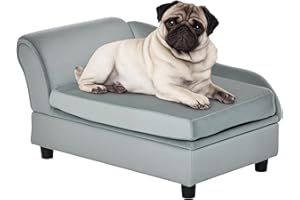 PawHut Hundesofa Hundebett Hundecouch aus Plüsch mit Lagerraum, Rückenlehne, Kissen Katzensofa für kleine Hunde 76 x 45 x 43 cm Hellgrau