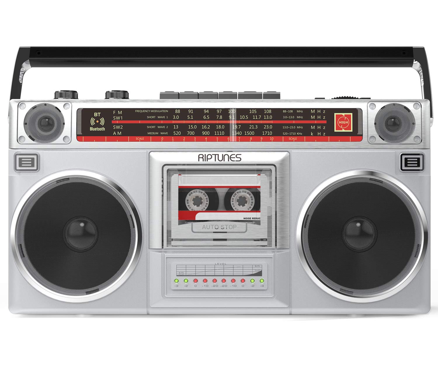 Riptunes Boombox Radio Cassette Player Recorder, AM/FM -SW1/SW2 Radio, Wireless Streaming, USB/Micro SD Slots, Aux in, Headphone Jack, Convert Cassettes to USB/SD, Classic 80s Style Retro, Black