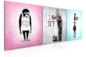 Runa Art - Bilder Banksy Collage 120 x 40 cm 3 Teilig Wandbild auf Vlies Leinwand Rosa Grau Blau Mehrteilig Modern 030233b