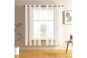 CUTEWIND Cortinas Salon Visillos Transparentes para Dormitorio Habitación de Niños Sala Cocina Cortina Corta Decorativa con Agujeros 2 Paneles 140x145 cm Blanco Crema