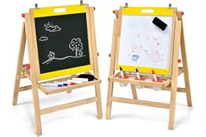 LIFEZEAL Lavagna 2 in 1 per bambini, Cavalletto regolabile in altezza per bambini, Lavagna da terra in legno, Lavagna pieghevole per dipingere, Tavola doppia faccia con lavagna per gesso e lavagna