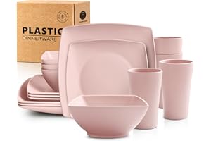 Teivio 16-Piece Kitchen Plastic Square Dinner Set, Service for 4, Dinner Plates, Dessert Plates, Cereal Bowls, 20 oz Cups, Unbreakable Plastic Plates and Bowls Set, Outdoor Camping Dishes, Pink