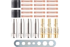 Unnosin 25 Pieces MIG MAG Welding Torch Wear Parts for 15AK MB15, 4x Gas Nozzle, 3x Nozzle Stick, 15x Power Nozzle M6 0.8 mm, 2x Insulator, 1x Tool