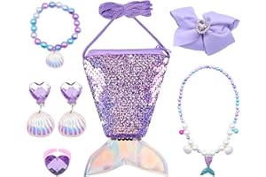 HUATEEN Conjunto de Sirena y Joyería,7 PCS Niñas con Collar Pulsera Pendientes Anillo Regalo de Joyería Suministros para Fiestas Pulsera Bolso de Mano para Niños Regalo
