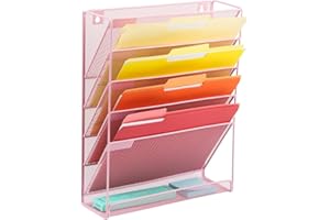 EASEPRES 6 Tier Pink Wall File Holder Organiser Mesh Wall Mounted Magazine A4 Paper Letter Storage Rack for School Home Office Organisation