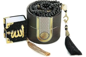 ihvan online, Islamischer Gebet Zylinder Geschenkbox mit elegantem Samt bedeckten Mini Koran & Gebet Perlen Tesbih, Ramadan & Eid Gift, Schwarz