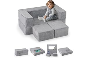 COSTWAY Modułowa sofa dziecięca, sofa do zabawy z pianki ze zdejmowanym pluszowym pokrowcem, rozkładana sofa modułowa dla chłopców i dziewczynek, fotel dziecięcy do pokoju zabaw, sypialni, pokoju