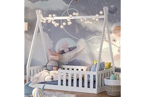 ‎BELLABINO Bellabino Tajo Tipi-Bodenbett für Kinder 70x140 cm, Hausbett aus Kiefer Massivholz mit Rausfallschutz/Zaun und Lattenrost in weiß für Kinder ab 3 Jahre