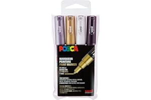 POSCA Mitsubishi Pencil - 4 Marqueurs Métalliques PC1MC Pointe Extra Fine Conique - Marqueurs Peinture à Base d'Eau - Tout Support - Pour Papier, Textile, Verre, Galet, Bois, etc.