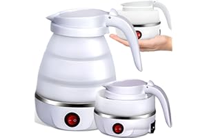 ‎RETOO Retoo Czajnik elektryczny, składany, 0,6 litra, silikonowy, kempingowy, dno ze stali nierdzewnej, przenośny, 750 W, do użytku na zewnątrz, na wędrówki, survival, biały