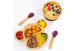 Vinsani Bamboo Monkey Plate Bowl and Spoon Set for Baby Toddler Kids Children, Suction Plate, Stay-Put Non-Slip Base Design, Hypoallergenic, Food-Grade Silicone and BPA-Free Baby Feeding Set (Red)