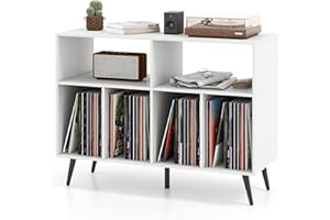 KOMFOTTEU Mueble para Tocadiscos de 3 Niveles, Soporte de Discos de Vinilo con 4 Compartimentos y 2 Estantes Abiertos, Mesa para Tocadiscos con 5 Patas de Metal (Blanco, sin Estación de Carga)
