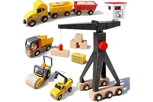Pmueuff Grue Jouet à Partir de 3-6 Ans Enfant, Camion Grue en Bois pour Enfants, Ensemble de Véhicules de Chantier Magnétiques, Jouet de Construction en Bois 19 Pièces