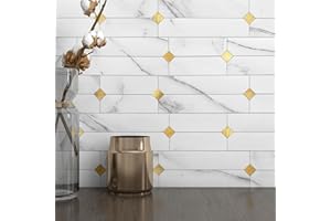 M MOFIT Stick on Brick Wall Tiles Matte Sticky Stickers Self Adhesive Marble Mosaic for Kitchen Fireplace Bathroom(White Gold 5sheets)