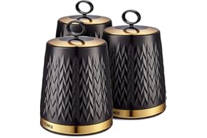 Tower T826091BLK Empire Set of 3 Storage Canisters for Tea Coffee Sugar, 1.3L, Black and Brass
