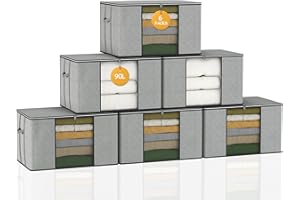 IZSUZEE Lot de 6 Grand Boite Rangement Vetement, 90L Sac de Rangement Caisse Rangement Cartons Déménagement Pliable, Bac Rangement pour Couette Vêtements, Couvertures, Pliable avec Poignée Renforcée, Gris