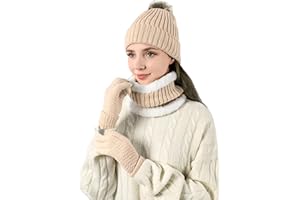 MAZELIKEHOOD Set Sciarpa Cappello Guanti Donna Caldo Cappello di Bobble con Sciarpa a Maglia e Guanti Tessuto Morbido e Comodo Accessori Inverno Moda Invernale Ideale per Regalo di Natale