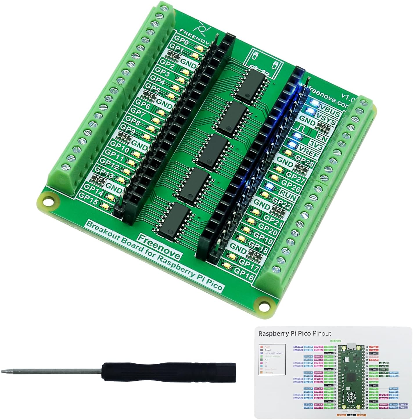 Freenove Breakout Board for Raspberry Pi Pico 1 2 W H WH, Terminal Block Shield Hat with Pin Header, GPIO Status LED
