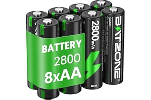 BATZONE 8 x AA Rechargeable Batteries, Ni-MH 2800mAh High Capacity AA Battery, 1200 Tech Ni-MH Batteries, Low Self-discharge 1.2V AA, with Battery Protection Boxe