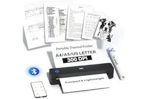 PRT A4 Portable Printer for Travel, Thermal Inkless Wireless Mobile 300 DPI, Compatible with iOS, Android, Laptop for Home Use, Office, Vehicles