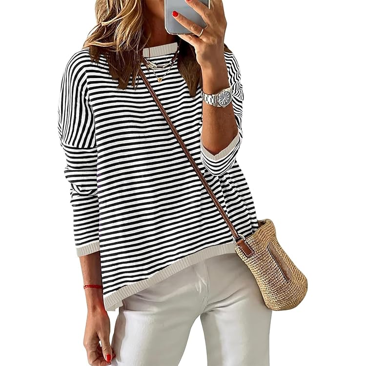 Dokotoo Damen Pullover Gestreift - Baumwolle Rundhals Langarm S-XXL