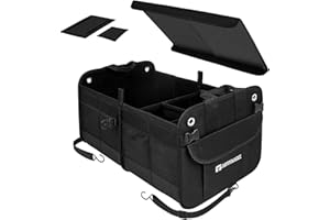 Autoark Multipurpose Car Trunk Organizer with Foldable Cover and Straps,Non-Slip Waterproof Bottom,Durable Collapsible Adjustable Compartments Cargo Storage,Black,AK-102