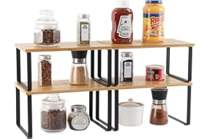 NANDAE Lot de 4 étagères de rangement en métal pour placard de cuisine, Bambou Etagère Vaisselle, Organisation placard cuisine,comptoirs, garde-manger, aliments et ustensiles