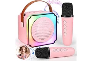 CARASTEK Karaoke per Bambini con 2 Microfono Wireless Karaoke Caraoke Bluetooth Portatile per Bambini Adulti Altoparlante Karaoke Ricaricabile con Luci LED Regalo per Bambini Giocattolo Cambia Voce (Rosa)