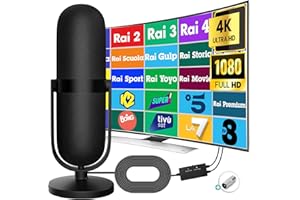 Yowrepu Antenna TV Interna Amplificata Potente, Antenna Portatile Supporto DVB-T/T2, Antenne Digitale Terrestre per Smart TV 4K, Canali Rai/Mediaset, con Segnale Booster, Base Magnetica e Cavo 5m