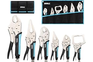 SHALL 6-Piece Locking Pliers, Vice Grips Pliers Set, 5",7" & 10" Curved Jaw, 6-1/2" & 9-1/2 Long Nose Locking Pliers, 6" Locking C-Clamp, Two-Color TPR Handle, Roll Up Pouch Included