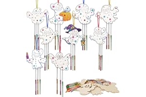 WEDNOK 9 Stück Gespenst Windspiel Bastelset Halloween Geister Basteln Kinder Holz Ghost Bastelhandwerk zum Bemalen Holzbastelset Klangspiel Kreativsets für Mädchen Junge Halloween