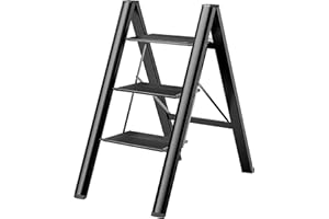 BQKOZFIN 3-Stufen-Klappleiter, Alu Leiter, Leicht Stufenleiter mit Anti-Rutsch Breites Pedal für Haushalt, Küche, Büro, Malerei, Garten, Belastbar bis 150kg, Schwarz