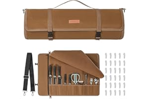 AKOZLIN Bolsa enrollable para cuchillos de chef con 10 ranuras y 1 bolsillo grande con cremallera, funda portátil de lona encerada con correa ajustable y 30 protectores de punta de cuchillo, color
