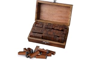 Vueinrg 70 Pcs Tampon Lettre Alphabet pour Argile, Ensemble de Tampons en Bois avec Chiffres et Symboles, Boîte de Rangement Incluse